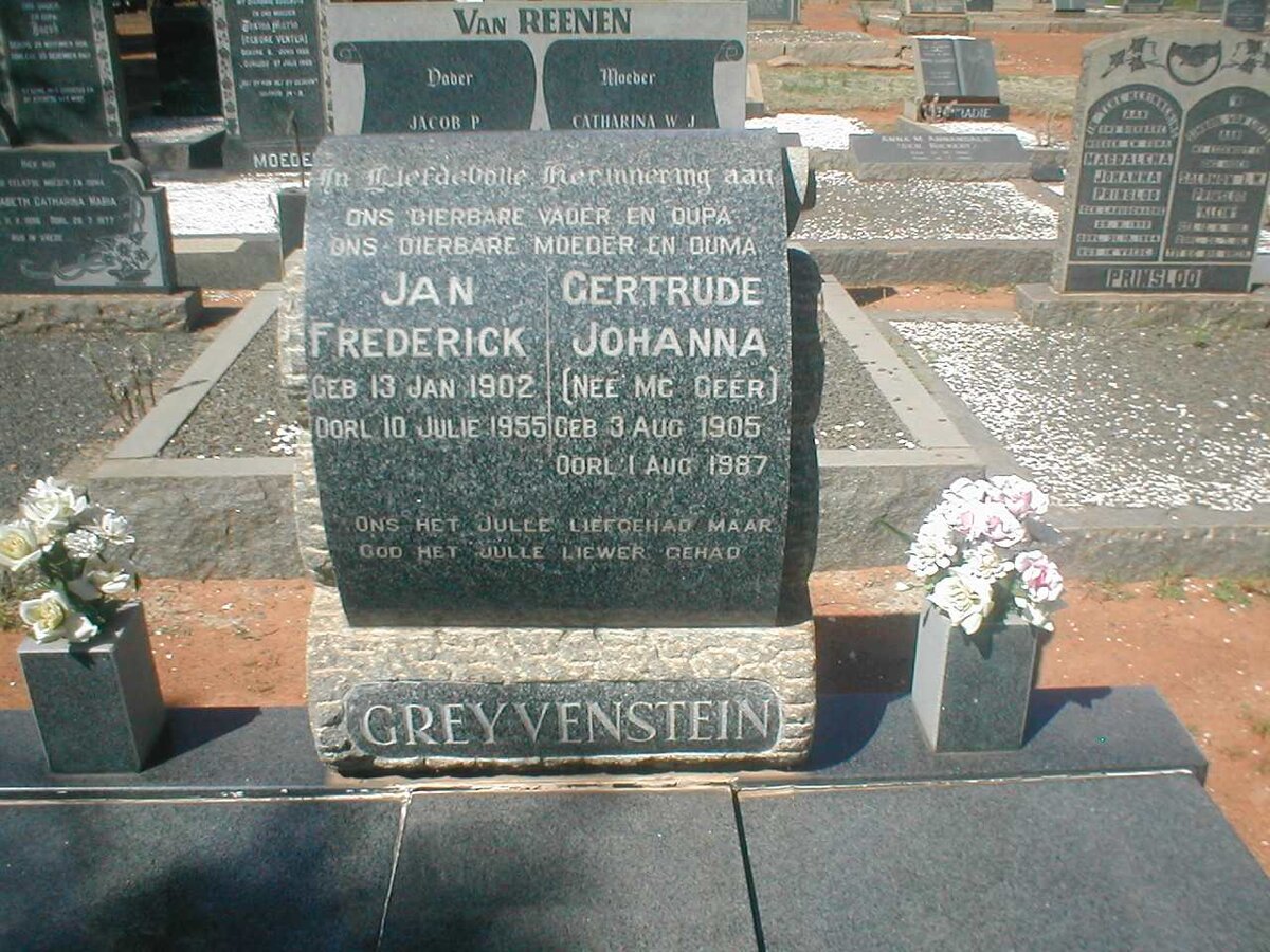 GREYVENSTEIN Jan Frederick 1902-1955 &amp; Gertrude Johanna MC GEER 1905-1987