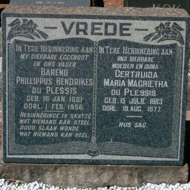 PLESSIS Barend Phillippus Hendrikes, du 1881-1956 &amp; Gertruida Maria Magrietha 1883-1977