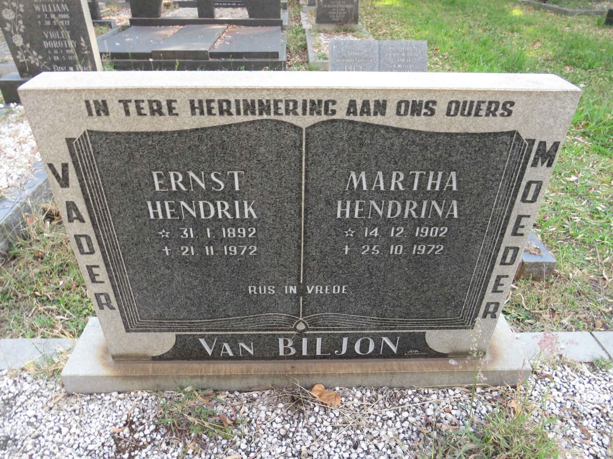 BILJON Ernst Hendrik, van 1892-1972 &amp; Martha Hendrina 1902-1972