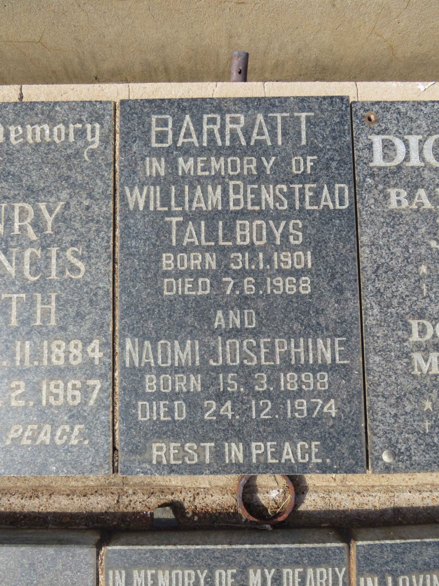 BARRATT William Benstead Tallboys 1901-1968 &amp; Naomi Josephine 1898-1974