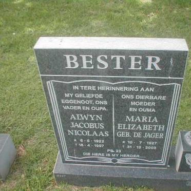 BESTER Alwyn Jacobus N. 1922-1997 &amp; Maria Elizabeth DE JAGER 1927-2003