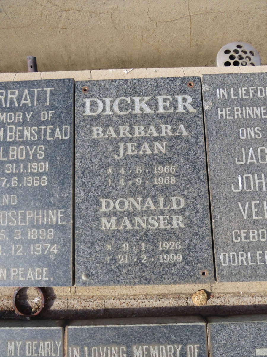 DICKER Donald Manser 1926-1999 :: DICKER Barbara Jean 1966-1968