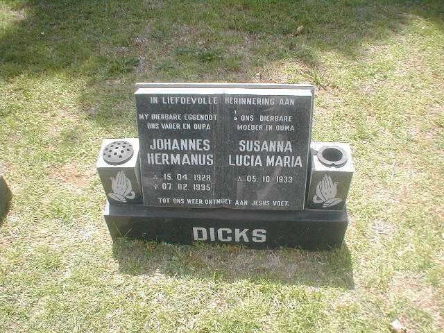 DICKS Johannes Hermanus 1928-1995 &amp; Susanna Lucia Maria 1933-