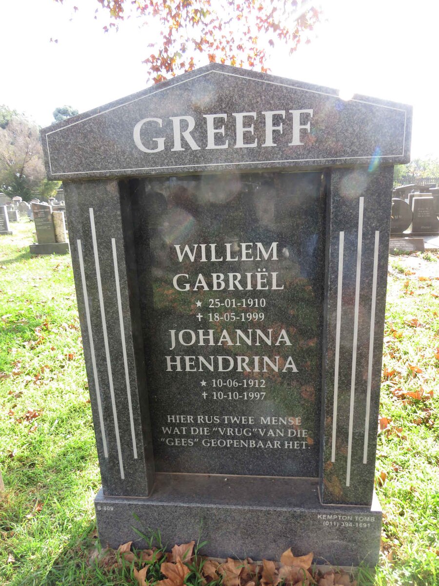 GREEFF Willem Gabriel 1910-1999 &amp; Johanna Hendrina 1912-1997