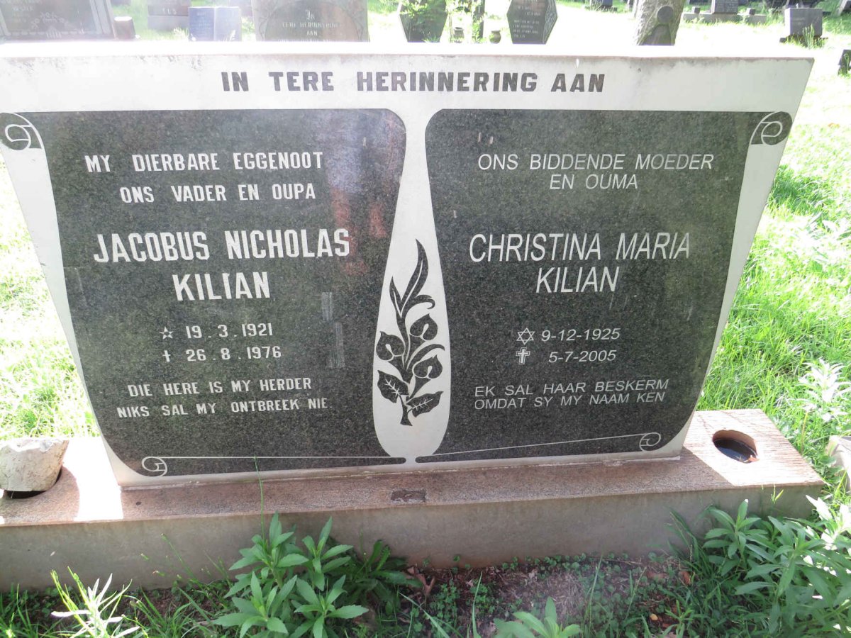 KILIAN Jacobus Nicholas 1921-1976 &amp; Christina Maria 1925-2005