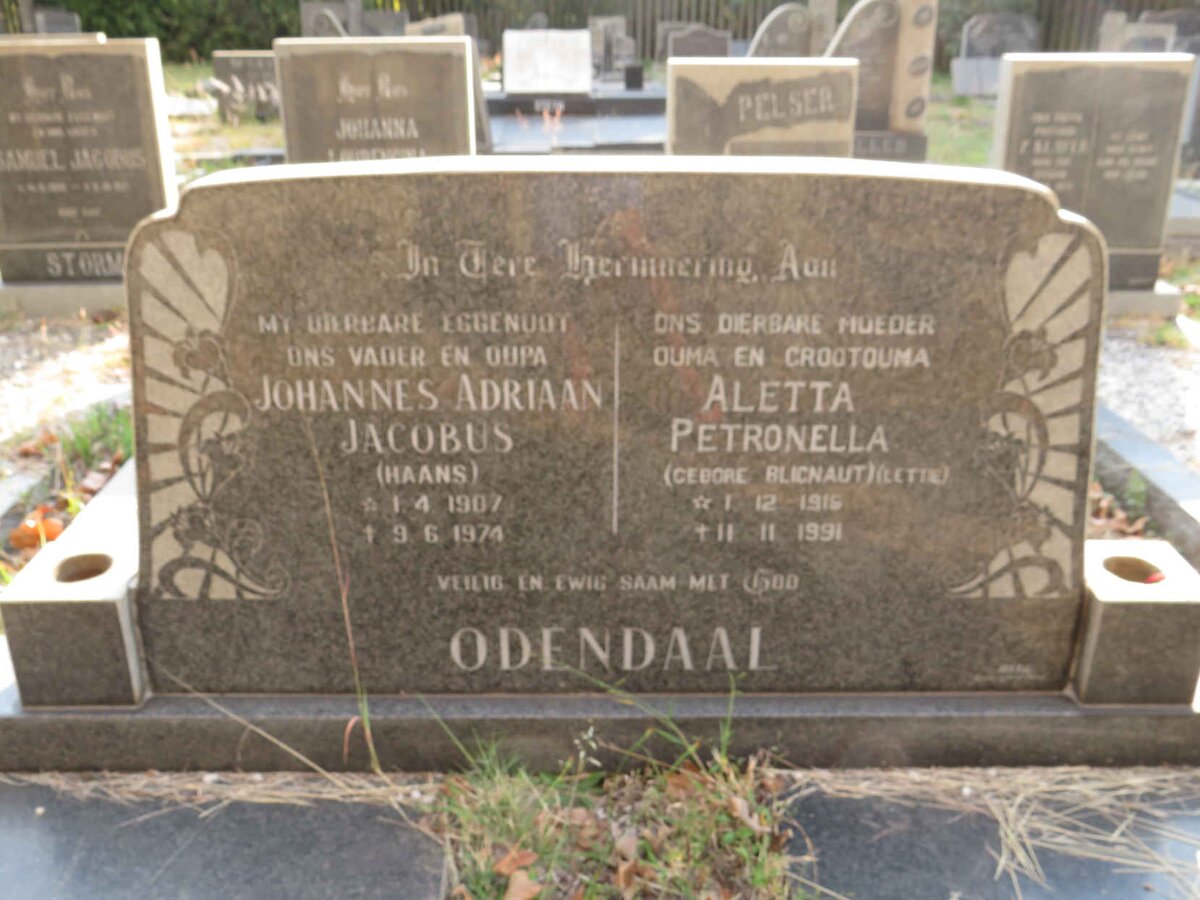 ODENDAAL Johannes Adriaan Jacobus 1907-1974 &amp; Aletta Petronella BLIGNAUT 1916-1991