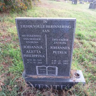 VENTER Johannes Petrus 1925-2007 &amp; Johanna Aletta Philippina 1931-2006