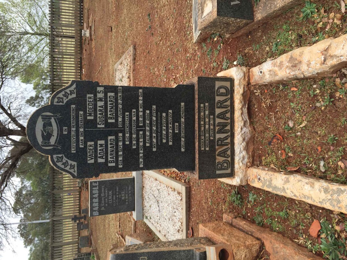 BARNARD Adam 1875-1949 &amp; Susara M.S. FOURIE 1881-1941