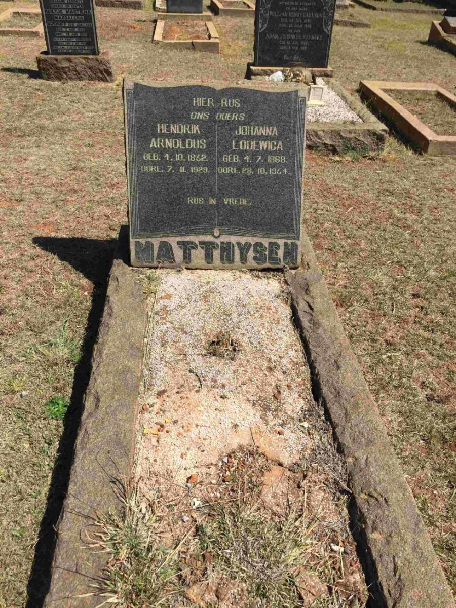 MATTHYSEN Hendrik Arnoldus 1852-1929 &amp; Johanna Lodewica 1968-1954