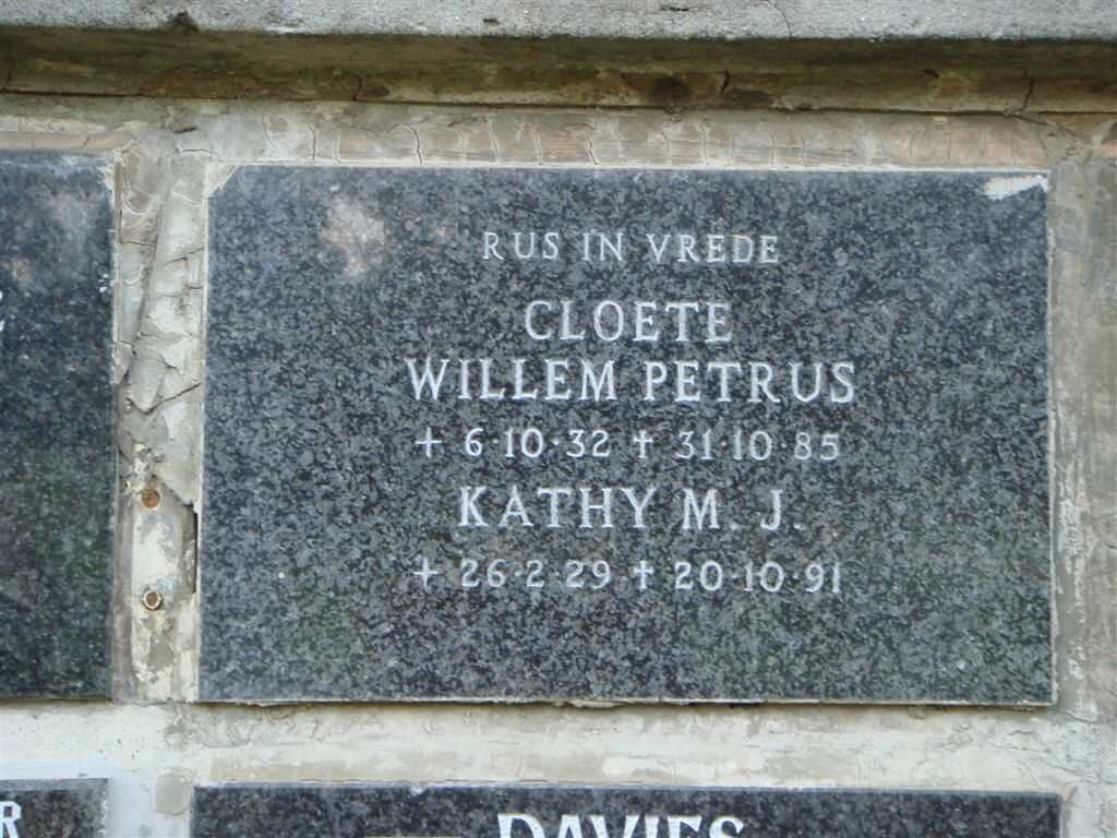CLOETE Willem Petrus 1932-1985 &amp; Kathy M.J. 1929-1991
