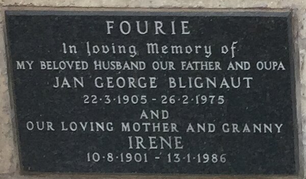 FOURIE Jan George Blignaut 1905-1975 &amp; Irene 1901-1986