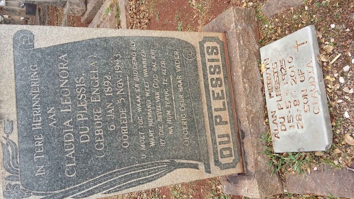 PLESSIS Claudia Leonora, du nee ENGELA 1892-1943 :: DU PLESSIS Alan Mervin 1925-2010