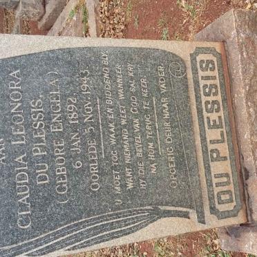 PLESSIS Claudia Leonora, du nee ENGELA 1892-1943 :: DU PLESSIS Alan Mervin 1925-2010