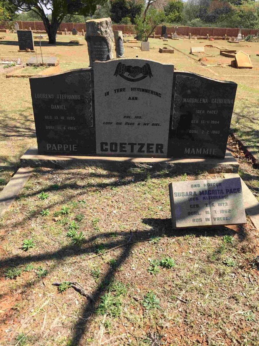 PAGE Susara Magrita KLEINHANS 1873-1962 :: COETZER Lourens Stephanus Daniel 1895-1966 &amp; Magdalena Catherina PAGE 1904-1960