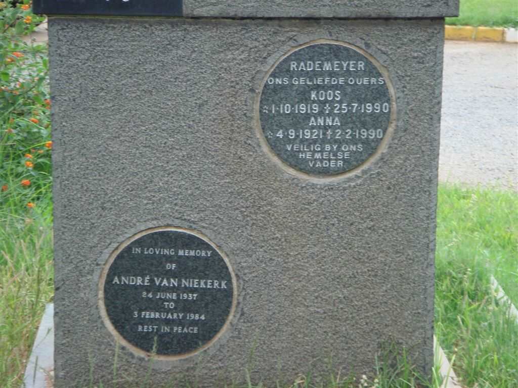 RADEMEYER  Koos 1919-1990 &amp; Anna 1921-1990 :: VAN NIEKERK André 1937-1984