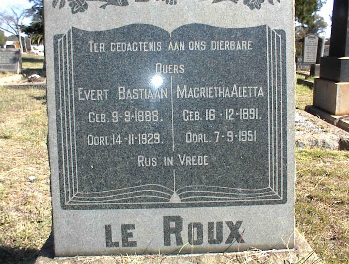 ROUX Evert Bastiaan, le 1888-1929 &amp; Magrietha Aletta 1891-1951