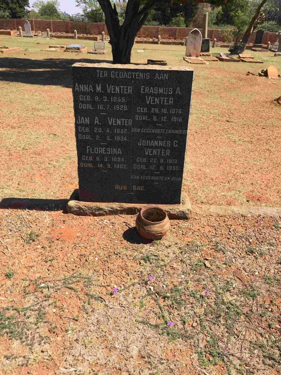 VENTER Jan A. 1852-1934 &amp; Anna M. 1855-1929 :: ERASMUS A. 1878-1915 :: ERASMUS Floresina 1884-1902