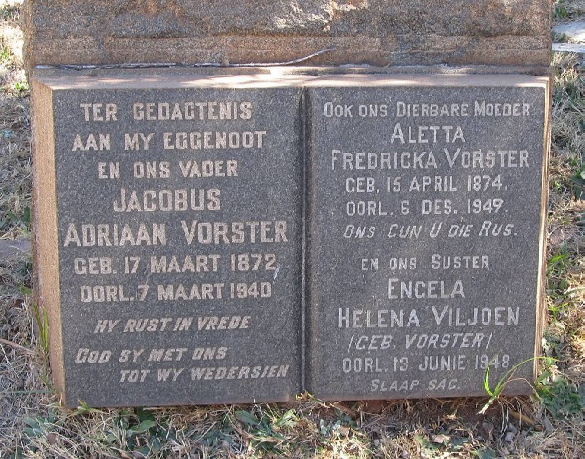 VORSTER Jacobus Adriaan 1872-1940 &amp; Aletta Fredericka 1874-1949 :: VILJOEN Engela Helena nee VORSTER -1948