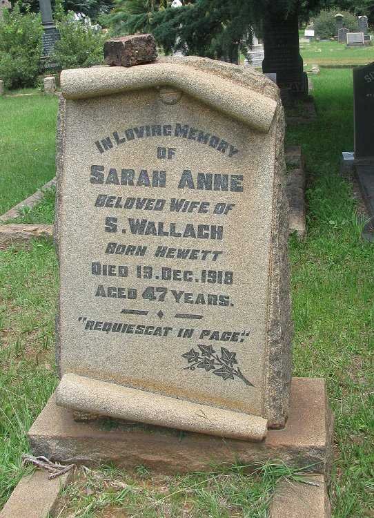 WALLACH Sarah Anne nee HEWETT -1918