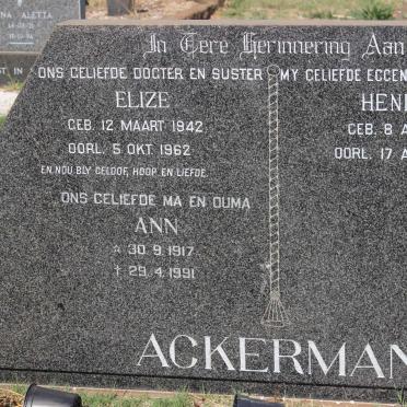 ACKERMAN Hendrik 1915-1982 &amp; Ann 1917-1991 :: ACKERMAN Elize 1942-1962