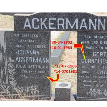 ACKERMANN Gert Cornelius 1902-1983 &amp; Johanna HATTINGH 1906-1981