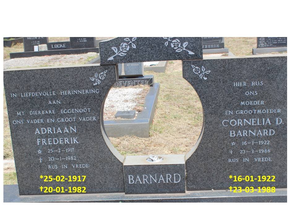 BARNARD Adriaan Frederik 1917-1982 &amp; Cornelia D. 1922-1988