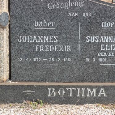 BOTHMA Johannes Frederik 1872-1961 &amp; Susanna Elizabeth DE BEER 1891-1978