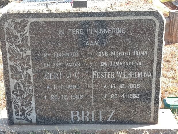 BRITZ Gert J.C. 1900-1968 &amp; Hester Wilhelmina 1905-1982