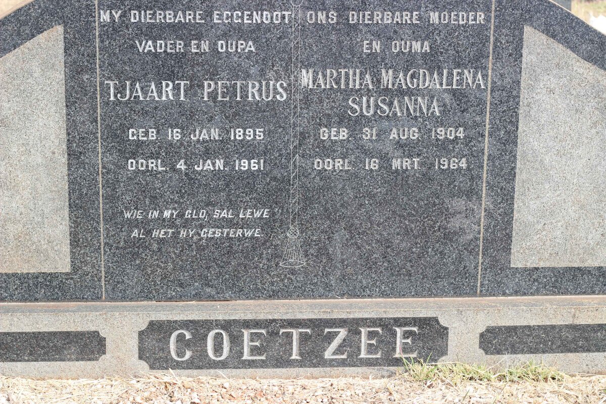 COETZEE Tjaart Petrus 1895-1961 &amp; Martha Magdalena Susanna 1904-1964