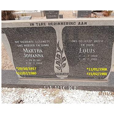 GERICKE Louis 1908-1988 &amp; Martha Johanna 1917-1980