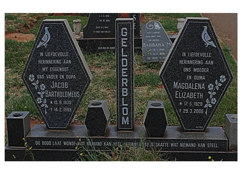 GELDERBLOM Jacob Bartholomeus 1930-1989 &amp; Magdalena Elizabeth 1928-2005