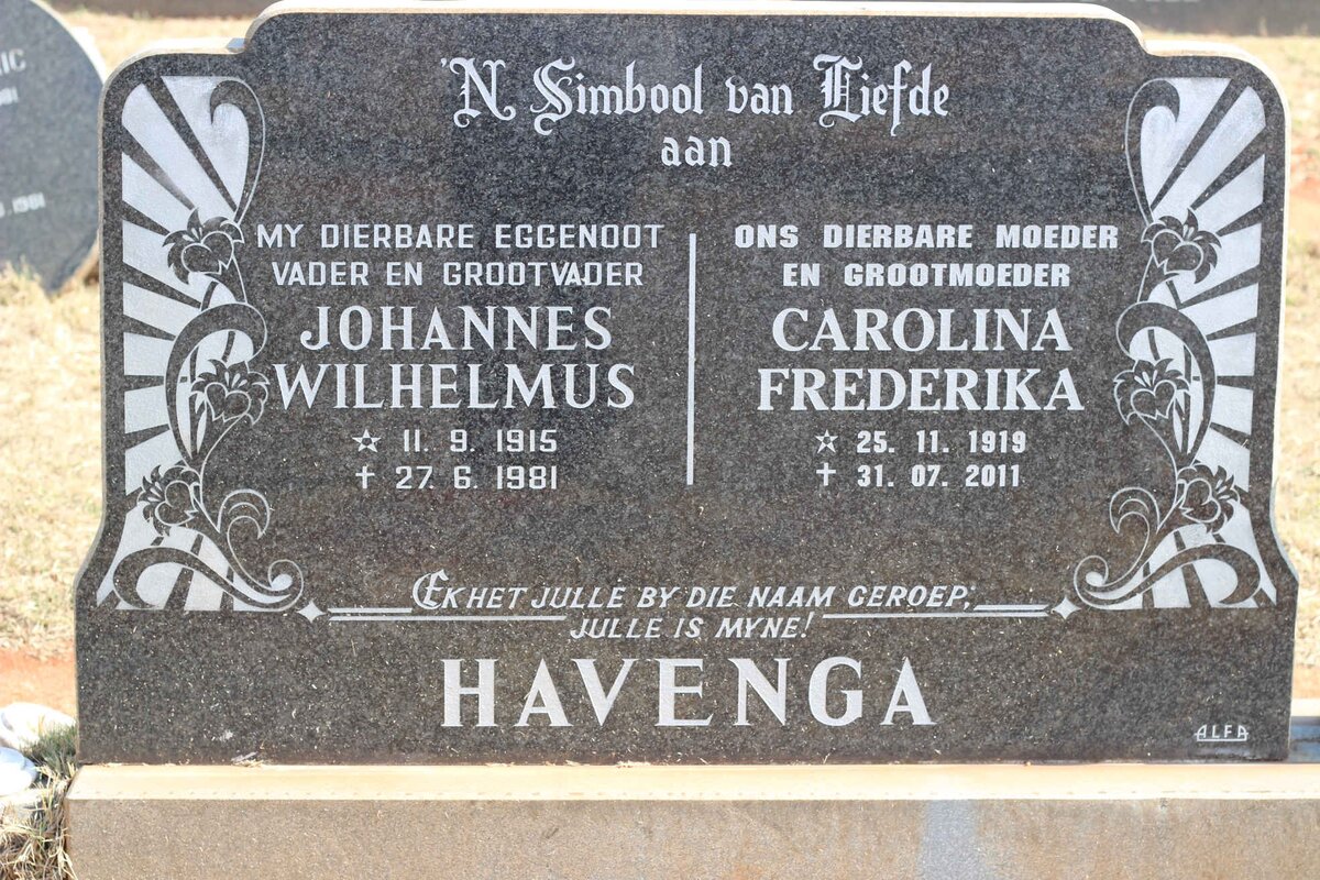 HAVENGA Johannes Wilhelmus 1915-1981 &amp; Carolina Frederika 1919-2011