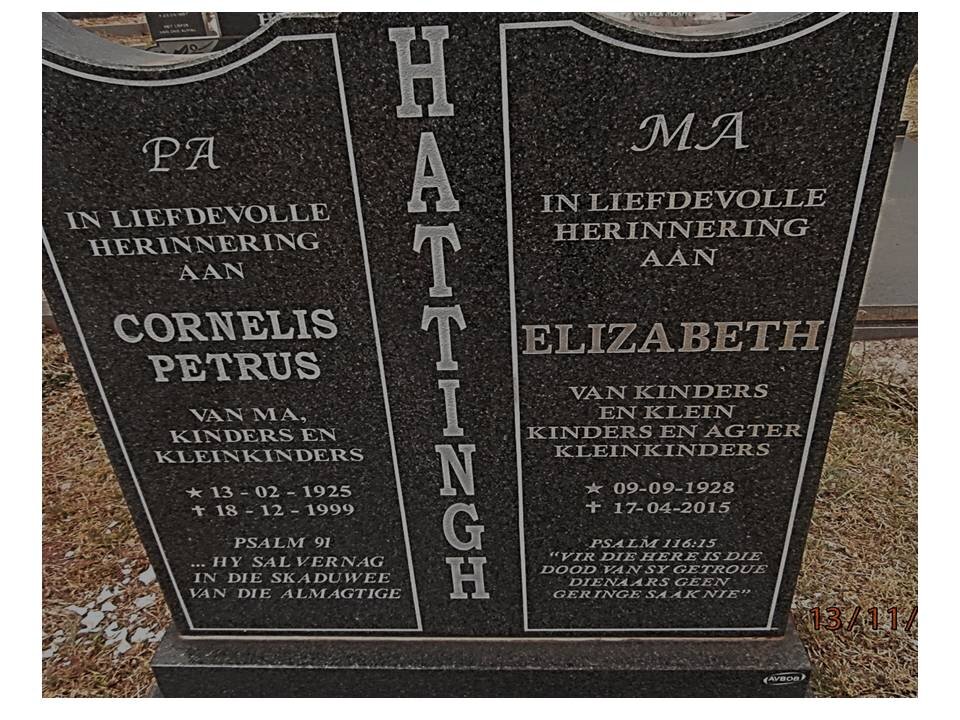 HATTINGH Cornelis Petrus 1925-1999 &amp; Elizabeth 1928-2015