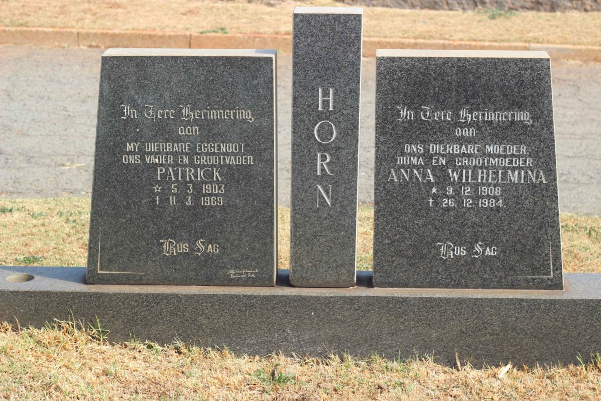HORN Patrick 1903-1969 &amp; Anna Wilhelmina 1908-1984