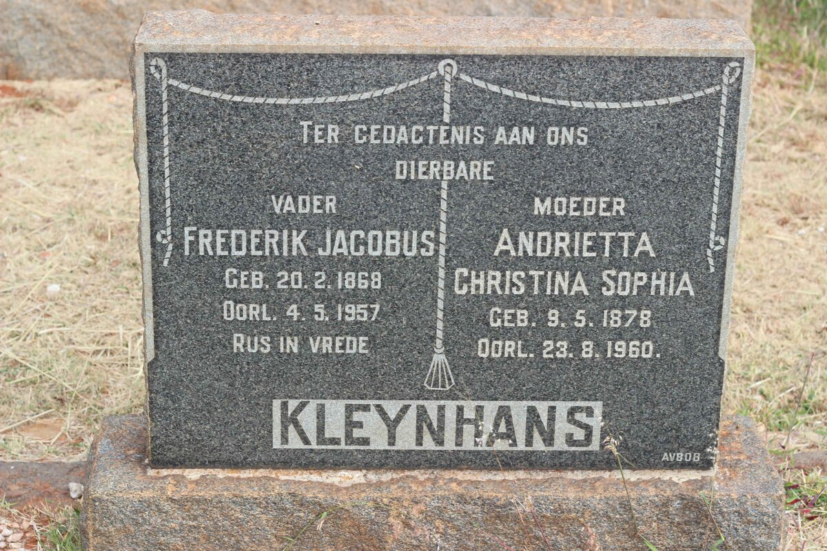 KLEYNHANS Frederik Jacobus 1868-1957 &amp; Andrietta Christina Sophia 1878-1960