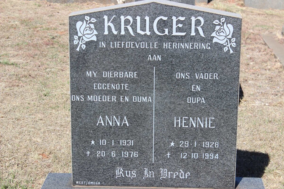 KRUGER Hennie 1928-1994 &amp; Anna 1931-1976