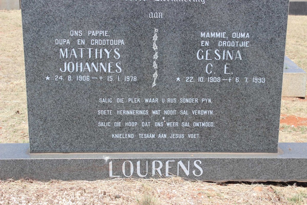 LOURENS Matthys Johannes 1906-1978 &amp; Gesina C.E. 1908-1993