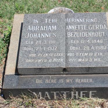MATTHEE Abraham Johannes 1911-1972 :: BEZUIDENHOUT Annette Gerda 1946-1980