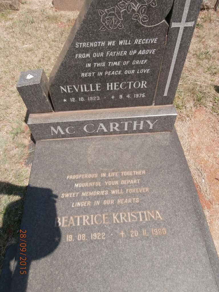 Mc CARTHY Neville Hector 1923-1975 &amp; Beatrice Kristina 1922-1980