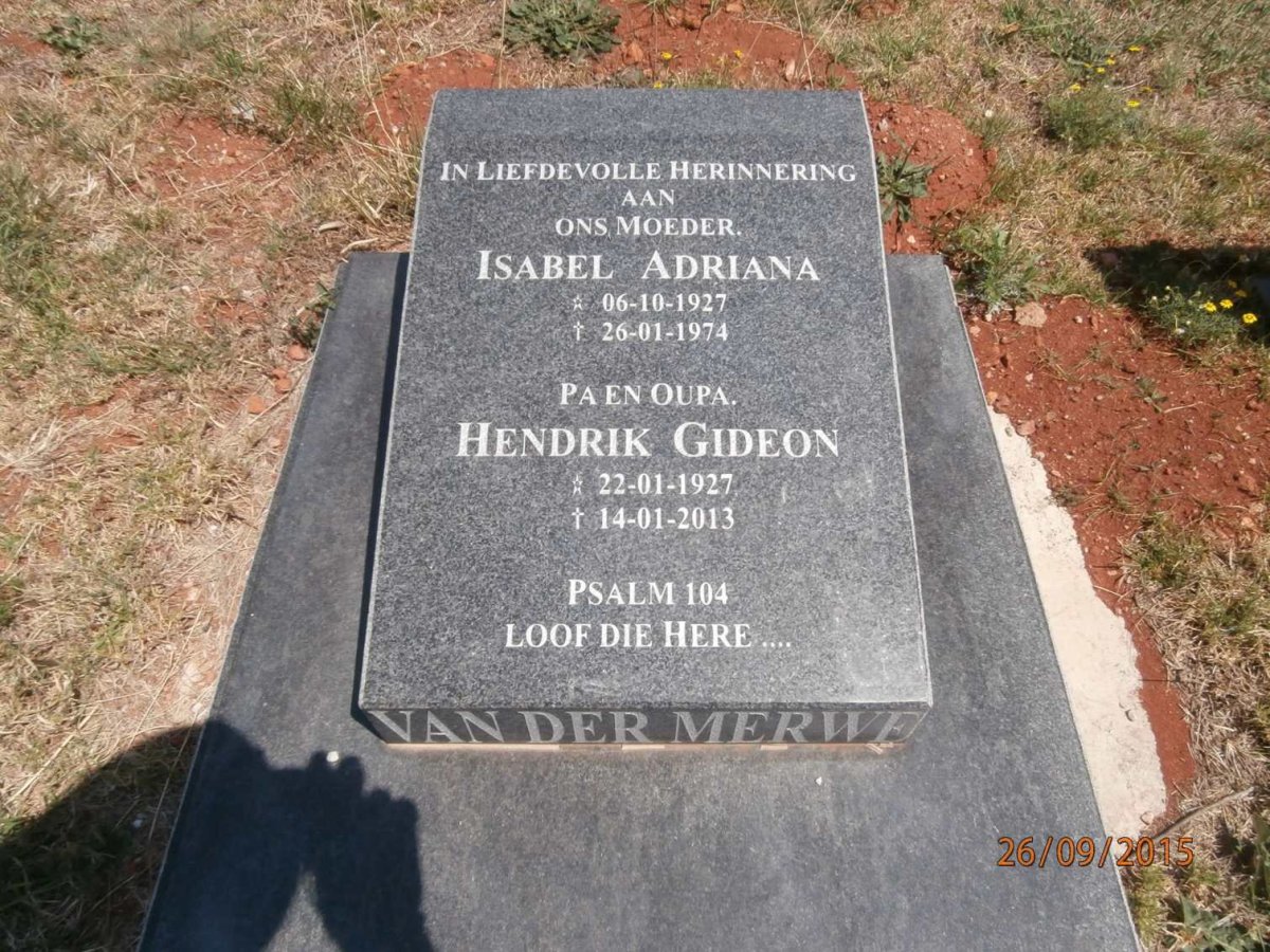 MERWE Hendrik Gideon, van der 1927-2013 &amp; Isabel Adriana 1927-1974