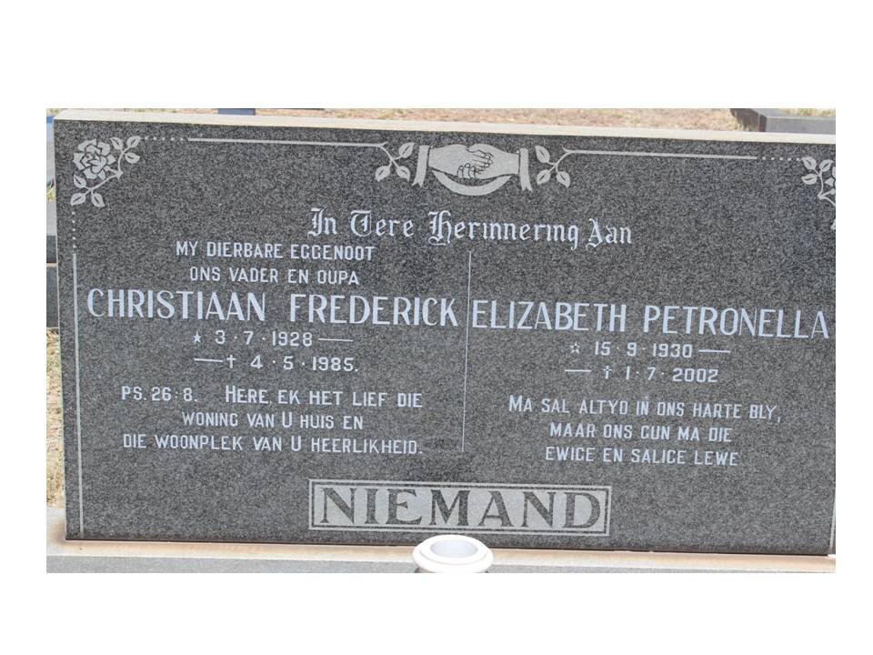NIEMAND Christiaan Frederick 1928-1985 &amp; Elizabeth Petronella 1930-2002