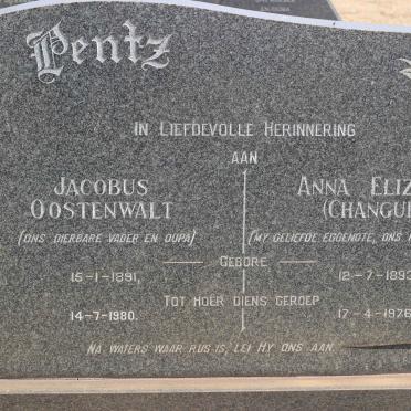 PENTZ Jacobus Oostenwalt 1891-1980 &amp; Anna Elizabeth CHANGUION 1893-1976