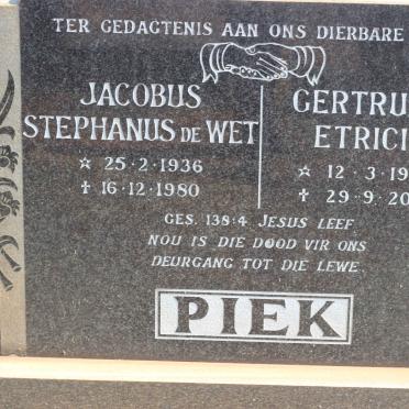 PIEK Jacobus Stephanus de Wet 1936-1980 &amp; Gertruida Etricia 1934-2004