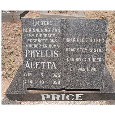 PRICE Phyllis Aletta 1925-1980
