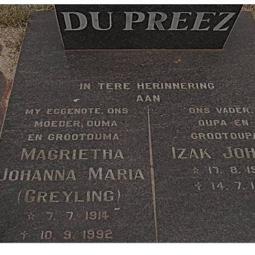 PREEZ Izak Johan, du 1913-1995 &amp; Magrietha Johanna Maria GREYLING 1914-1992
