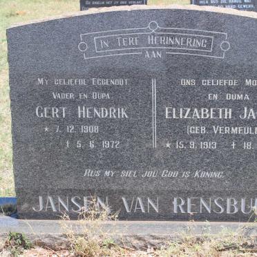 RENSBURG Gert Hendrik, Jansen van 1908-1972 &amp; Elizabeth Jacoba VERMEULEN 1913-1977
