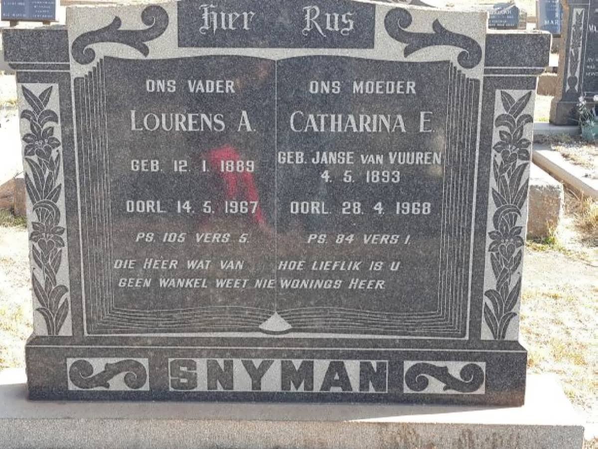 SNYMAN Lourens A. 1889-1967 &amp; Catharina E. JANSE VAN VUUREN 1893-1968