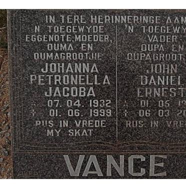 VANCE John Daniel Ernest 1929-2003 &amp; Johanna Petronella Jacoba 1932-1999