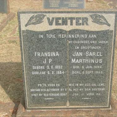 VENTER Jan Sarel Marthinus 1886-1955 &amp; Fransina J.P. 1892-1984