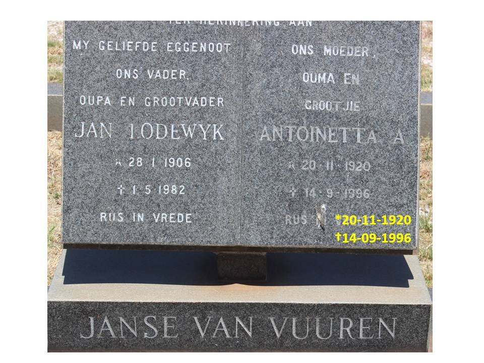 VUUREN Jan Lodewyk, Janse van 1906-1982 &amp; Antoinetta A. 1920-1996